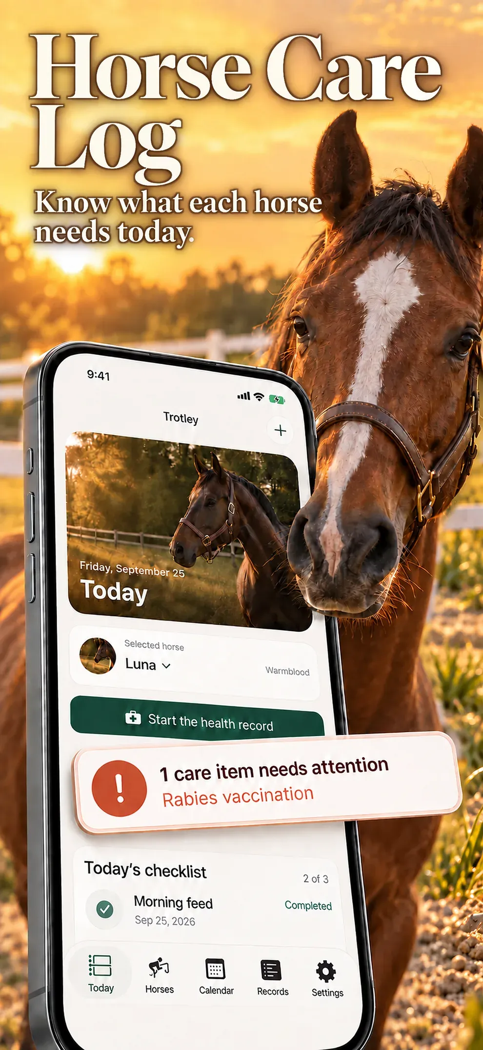 Registro delle cure del cavallo. Scopri cosa richiede attenzione oggi e consulta la lista delle attività in programma.
