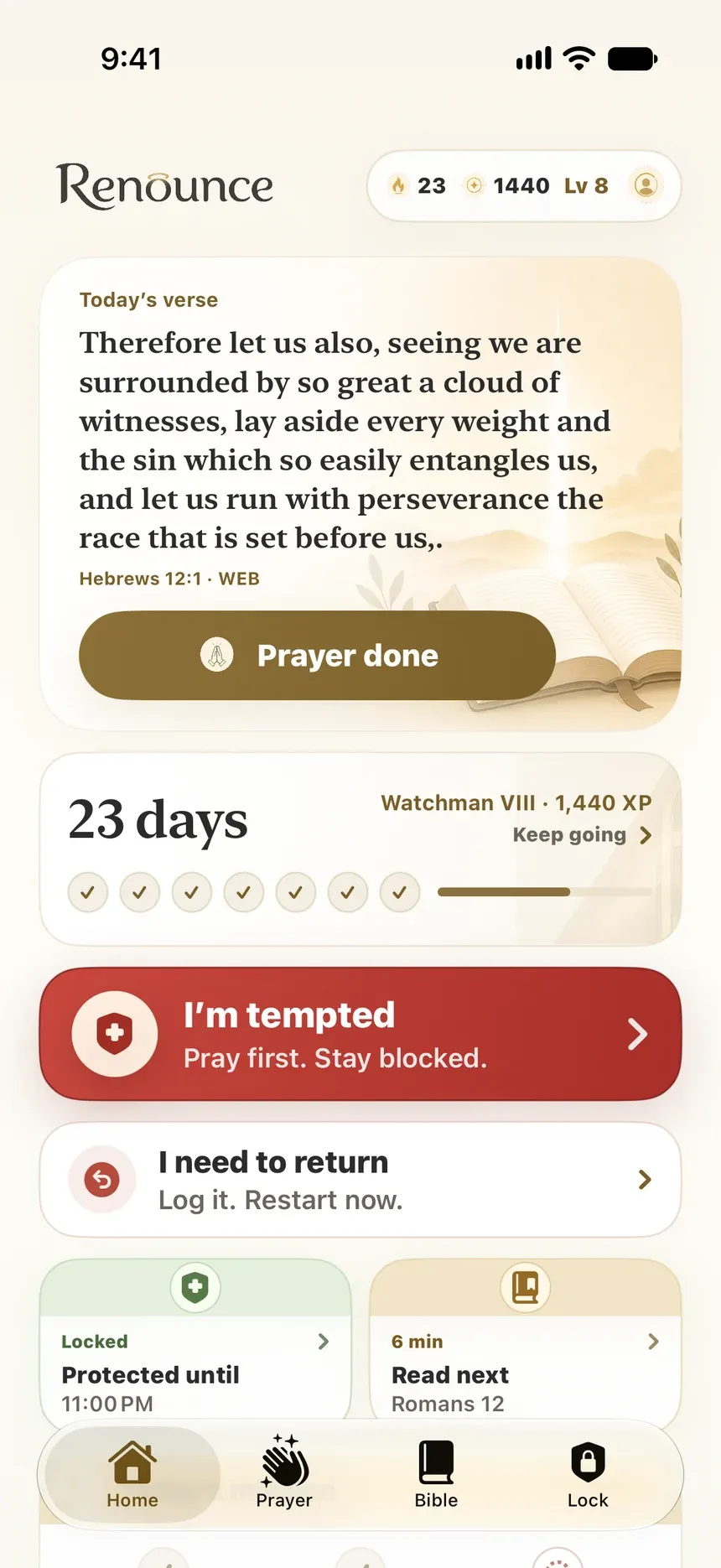 Renounce: Home screen