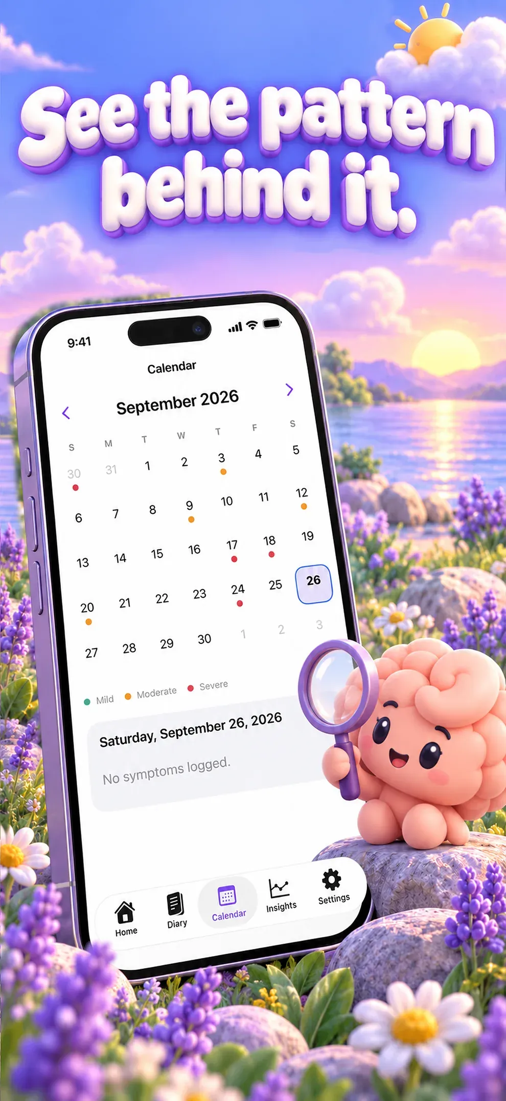 Observa los patrones. El calendario de días con migraña, con colores según la intensidad.