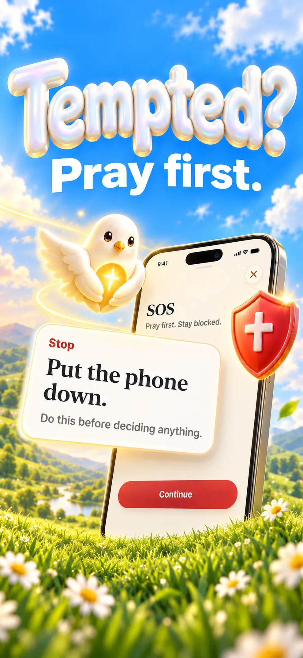 La tentation est là ? Priez d’abord. L’écran SOS vous invite à poser le téléphone avant toute décision.