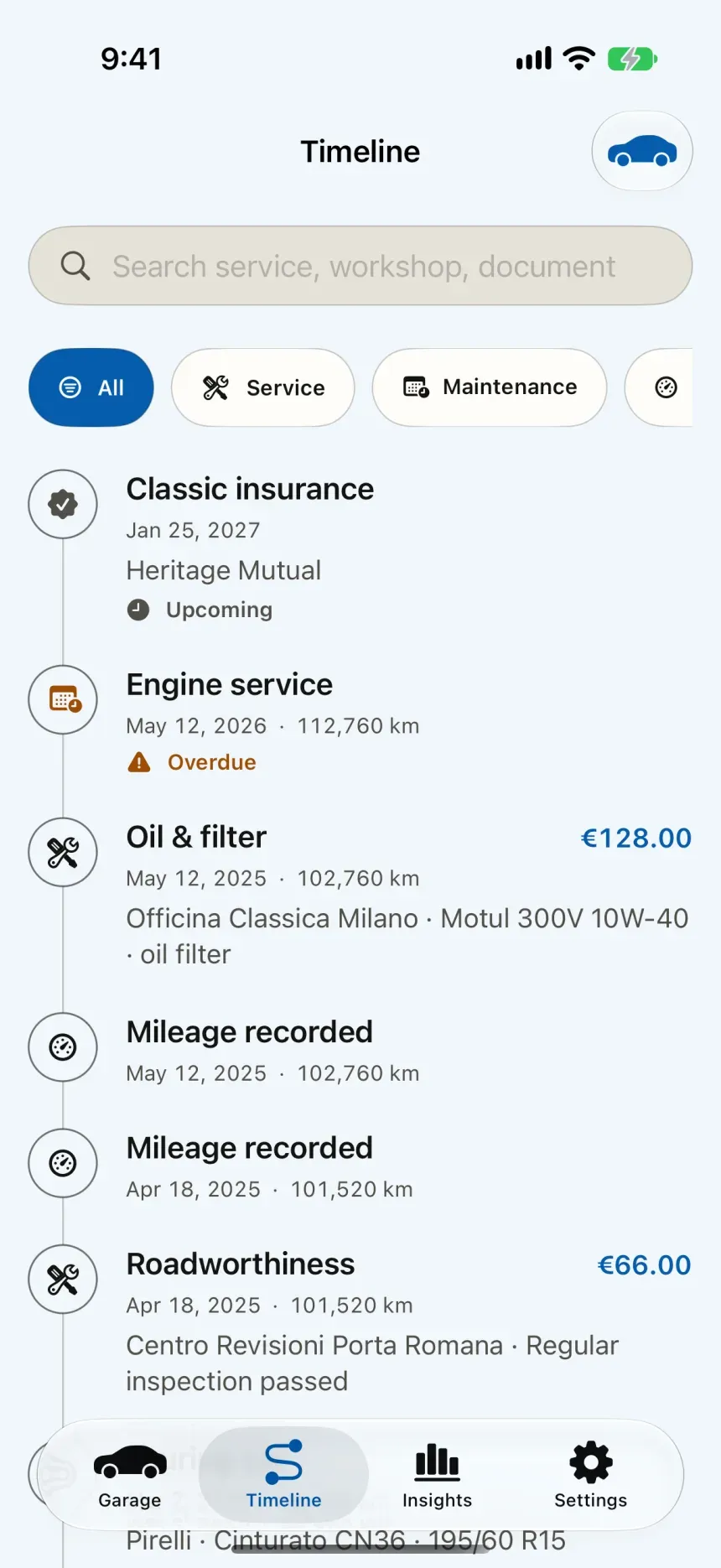 Carumi: Timeline screen