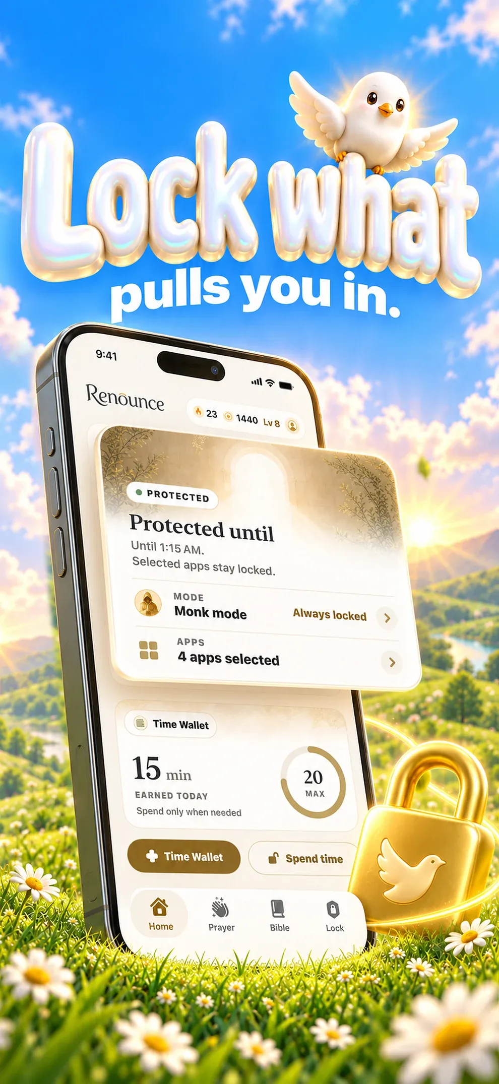 Verrouillez ce qui vous attire. Les apps protégées restent verrouillées avec Mode moine et Réserve de temps.