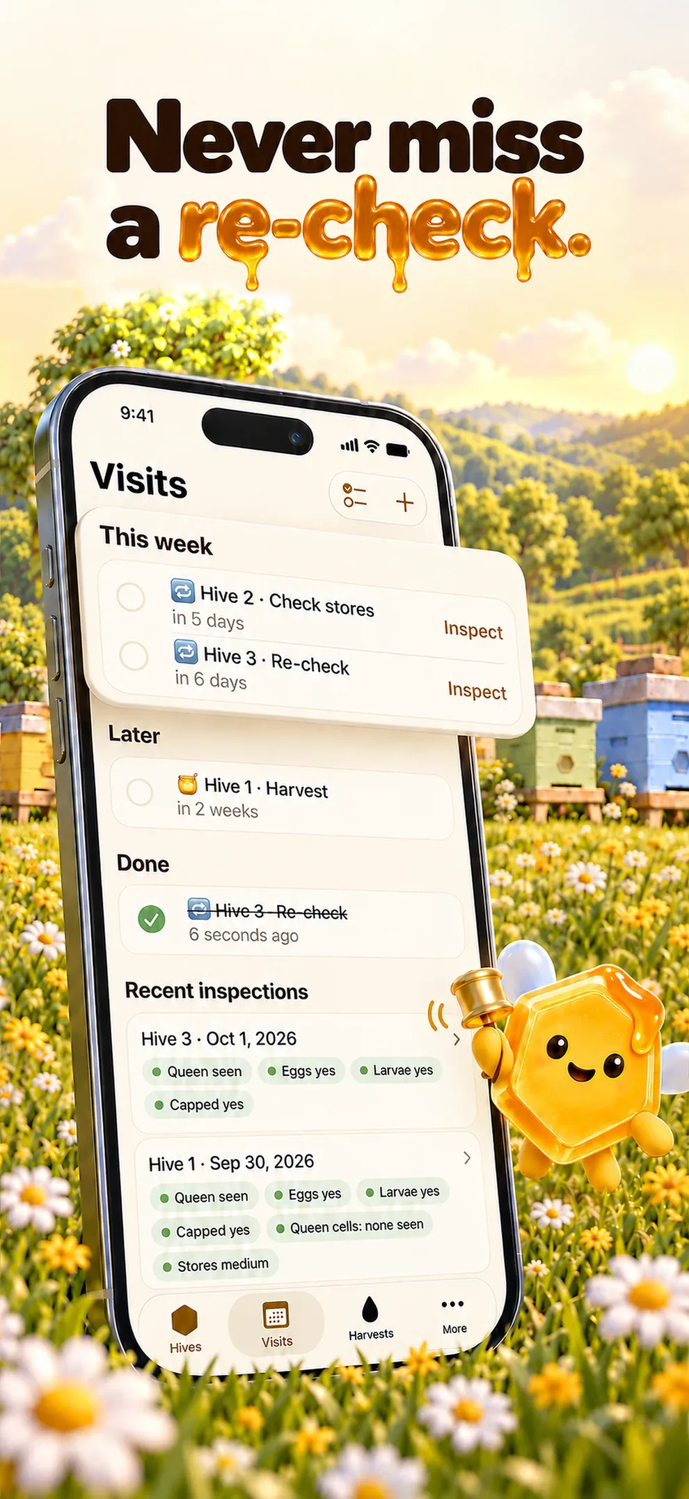 Never miss a re-check. Visits with this week’s re-checks and the last inspections.
