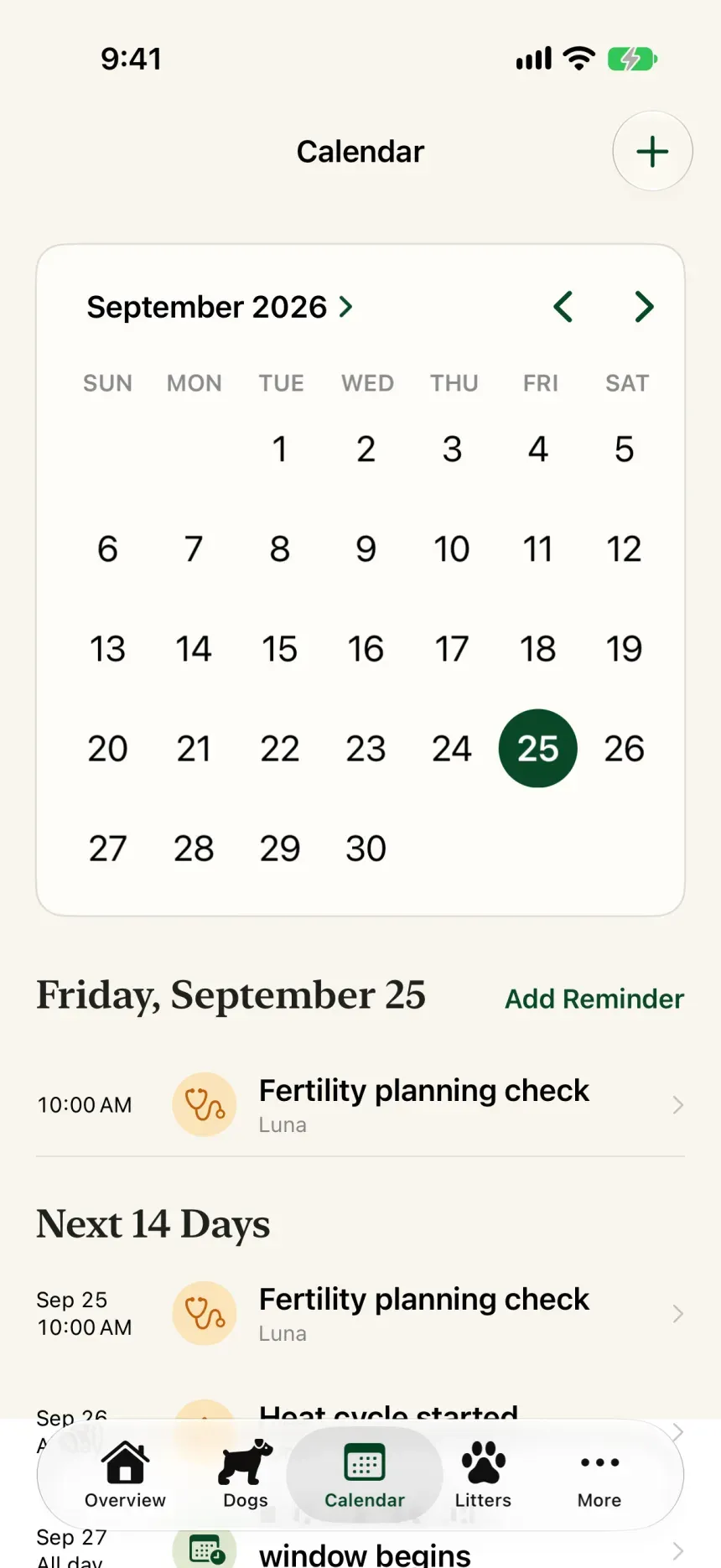 Littero: Calendar screen