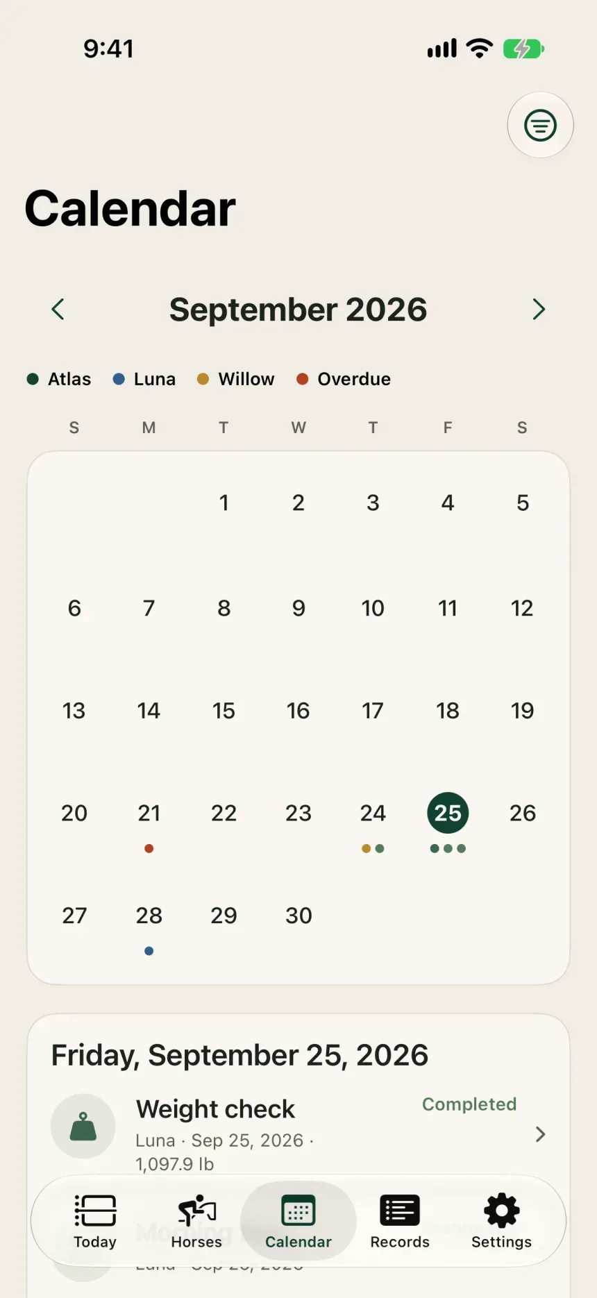 Trotley: Calendar screen