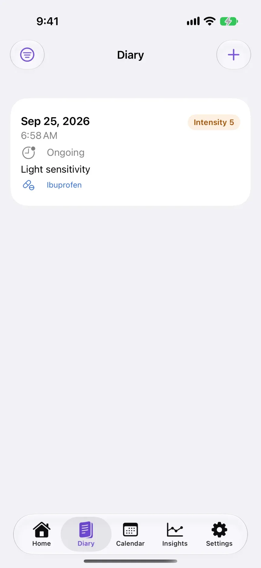 Miggry: Diary screen