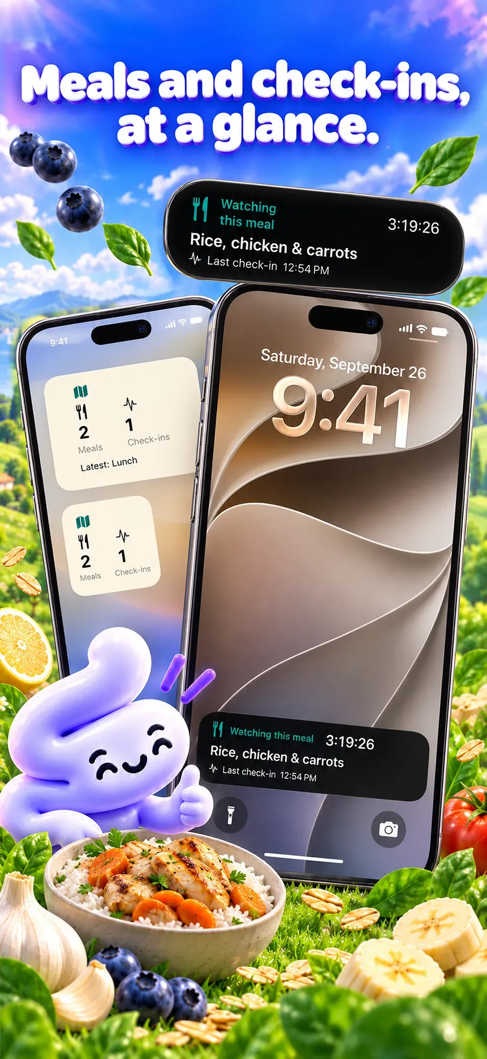 Mahlzeiten und Befindlichkeit auf einen Blick. Widgets auf dem Home-Bildschirm und die beobachtete Mahlzeit auf dem Sperrbildschirm.