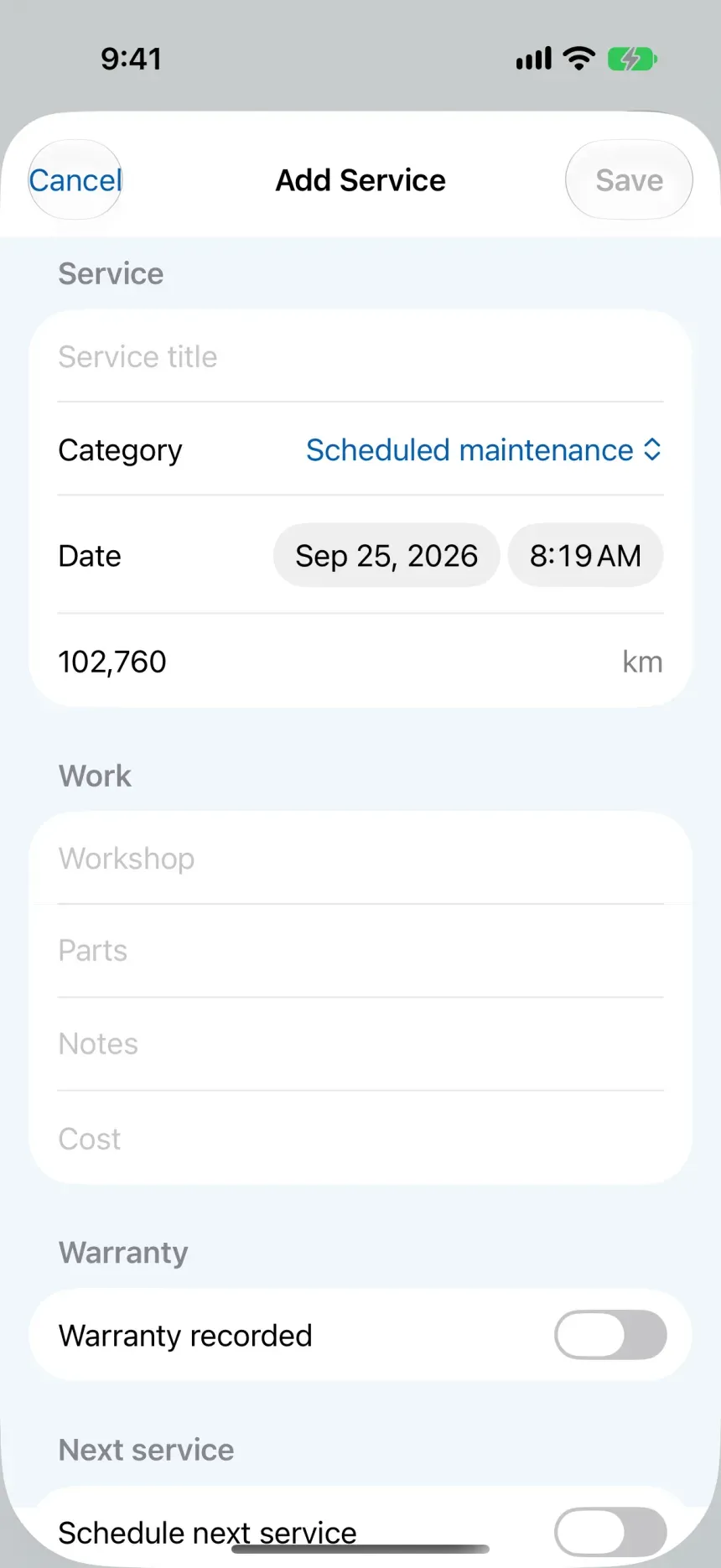 Carumi: Add a service screen