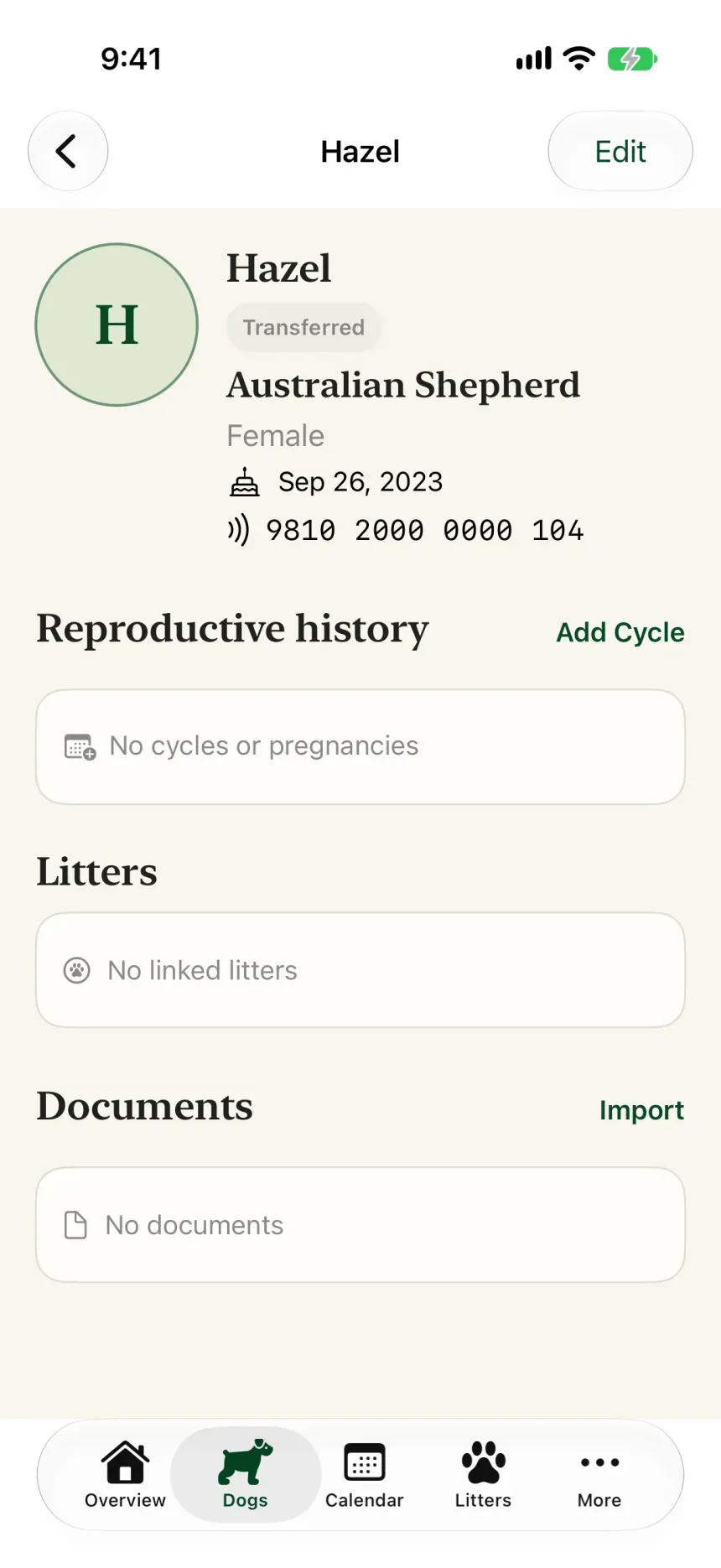 Littero: Dog profile screen