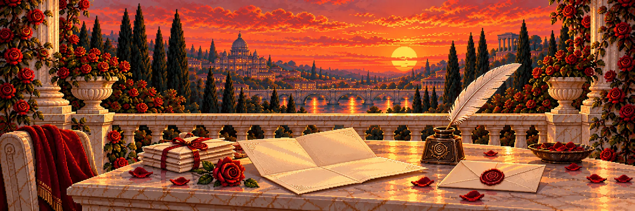 A marble desk on a rose terrace at sunset, with an open letter, a quill in an inkwell and letters sealed with a red rose wax seal