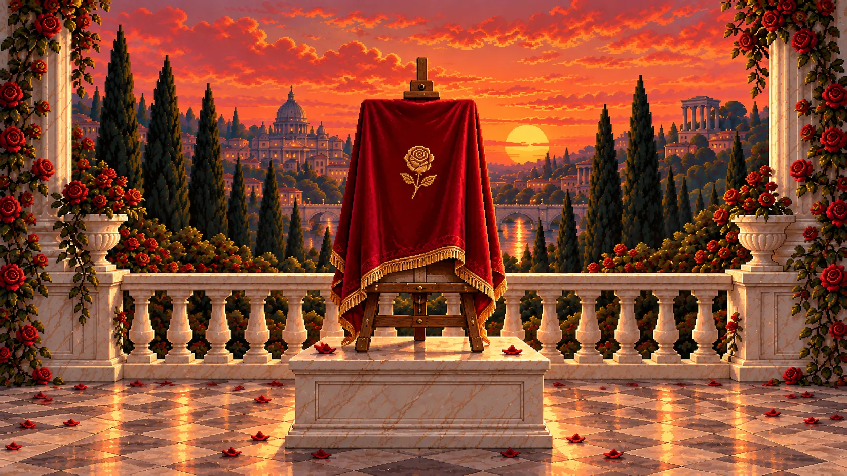 A painter's easel on the rose terrace, its canvas covered by red velvet