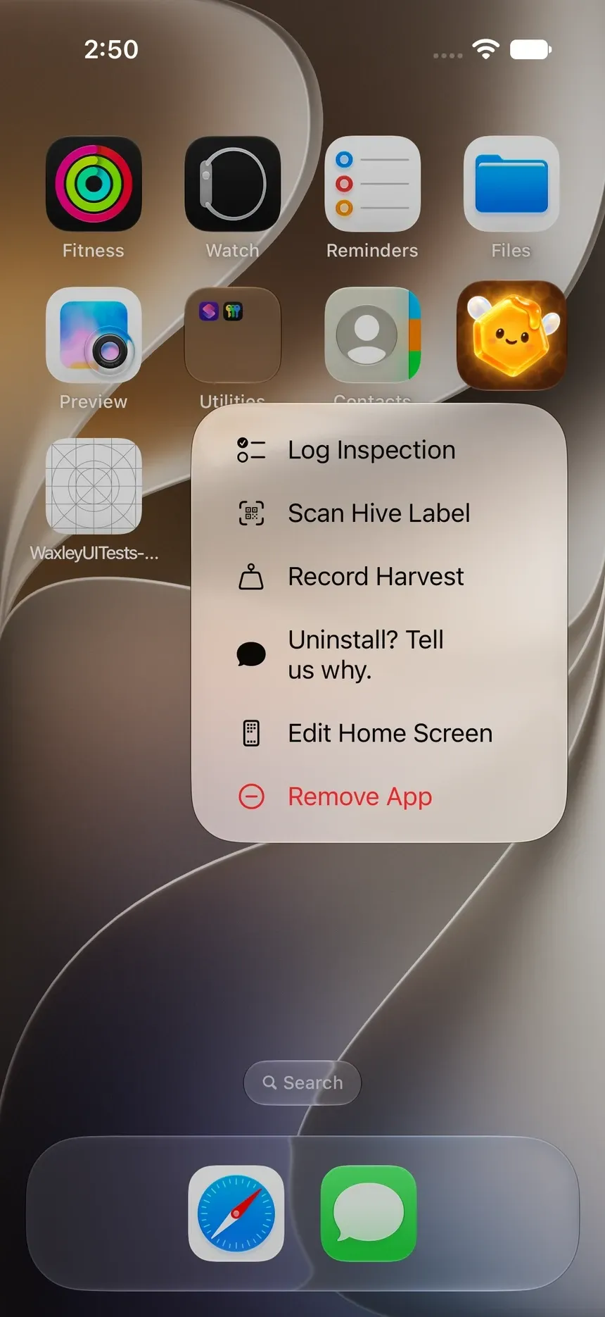 Waxley Quick Actions on the Home Screen: Log Inspection, Scan Hive Label, Record Harvest