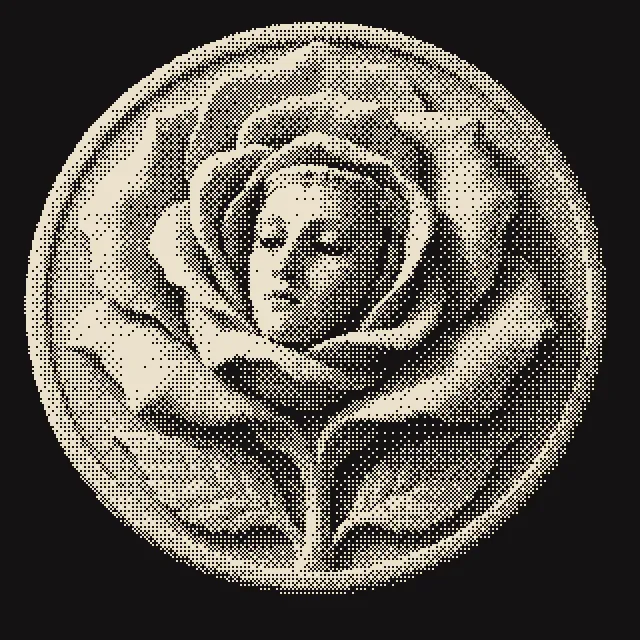 The Lucernel mark, a rose with a calm mask at its heart, carved as a marble medallion