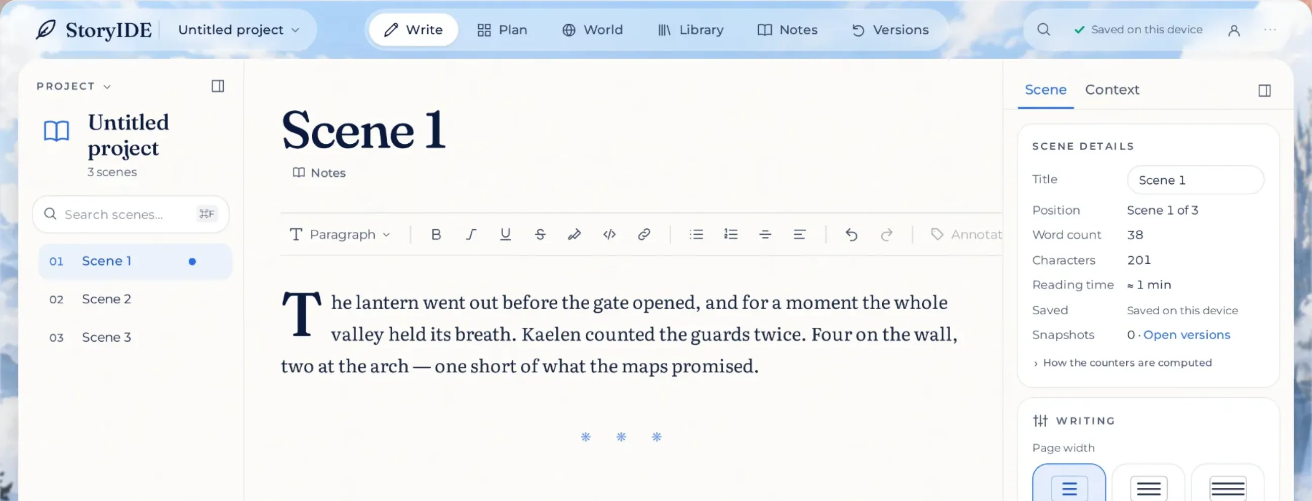 Story IDE workspace: the scene list, the editor and the scene details